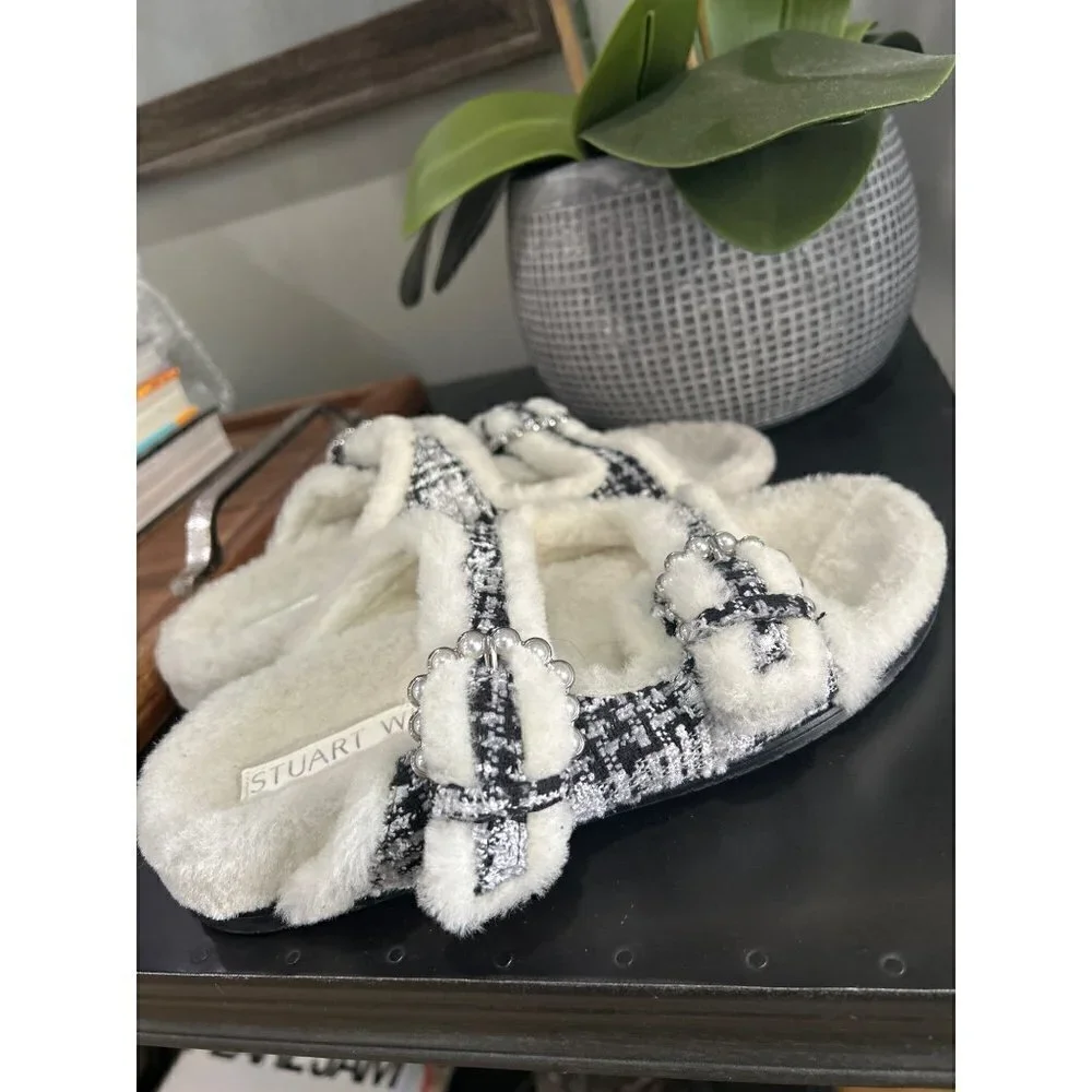 Stuart Weitzman Piper Chill Shearling Lined Tweed Pearl Slides White Black 8